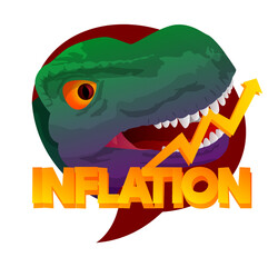 Poster - Dinosaur with speech bubble saying Inflation word. Tyrannosaurus Rex with thoughts.