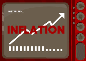 Poster - Cartoon Computer With the word Inflation. Message of a screen displaying an installation window.