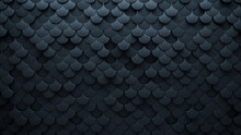 Futuristic Tiles Arranged To Create A Fish Scale Wall. Polished, Black Background Formed From 3D Blocks. 3D Render