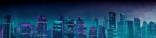 Futuristic City Skyline With Purple And Cyan Neon Lights. Night Scene With Visionary Skyscrapers.