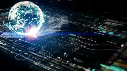 Poster - Futuristic digitally generated 3d holographic planet Earth in 360 degree rotation for head up display and user interface design