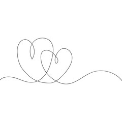 Wall Mural - Continuous line drawing of love sign with two hearts embrace minimalism design on white background. Hand sketch art, relationship icon, romance concept. Vector EPS 10.