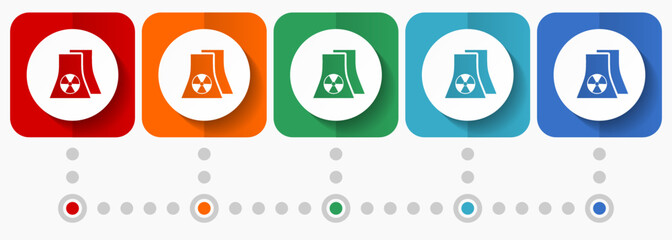 Poster - Nuclear power plant vector icons, infographic template, set of flat design symbols in 5 color options