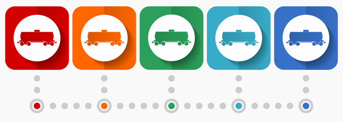 Fototapete - Fuel cistern wagon, train vector icons, infographic template, set of flat design symbols in 5 color options