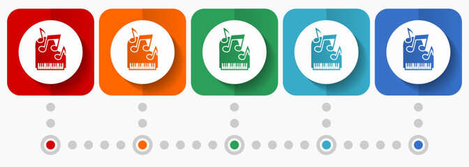 Leinwandbilder - Piano, music vector icons, infographic template, set of flat design symbols in 5 color options