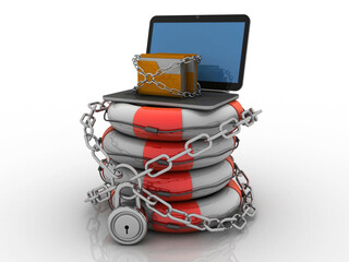 Poster - 3d rendering Folder on laptop with lock in life belt
