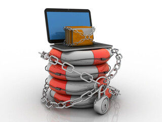 Poster - 3d rendering Folder on laptop with lock in life belt