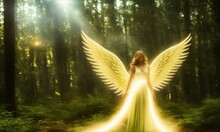 Portrait Of Fantasy Glowing Female Angel Fairy With Wings Walking In Forest