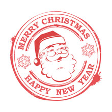 Christmas Stamp With Silhouette Of Cute Santa Claus With Text And Snowflakes.