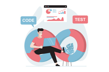 Leinwandbilder - DevOps concept with people scene in flat design. Man programmer coding and creating software, engineering and optimizing workflow processes. Vector illustration with character situation for web