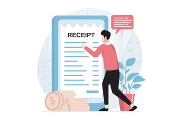 Poster - Electronic receipt concept with people scene in flat design. Man receives digital invoice and paying online using mobile banking application. Vector illustration with character situation for web