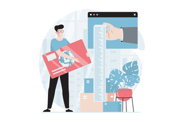 Poster - electronic receipt concept with people scene in flat design. man making purchases in online shop, or