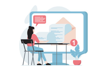 Poster - Email service concept with people scene in flat design. Woman writing new letters and communicate online using mail client program at computer. Vector illustration with character situation for web