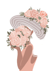 Illustrazione donna con mazzo di rose in mano e largo cappello al matrimonio senza sfondo