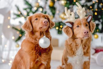 Wall Mural - Toller retriever dogs in Christmas time