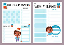 Holiday Male Planner Set. Organizer, Month Calendar, Weekly Plan, To-do, Shopping List, Habit Tracker And Notes With Black Ethnic Boy. Vector Vertical Template For New Year, Christmas, Festive Design.