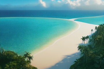 Poster - Sea beach with transparent blue sea water and golden sand, palm trees along the shore and clouds in the blue sky 3d illustration