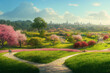 Landscape of a summer day in a green park with bushes and trees along stone paths 3d illustration