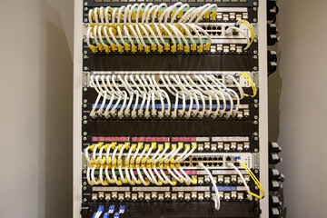 many multicolored cables of the utp lan cable with sticker label connected line arrangement to ether