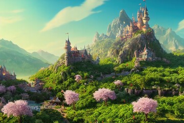 Wall Mural - Old castles in a mountainous autumn valley with towers, orange grass, leaves on trees and rocks on the horizon 3d illustration