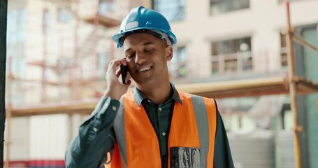 Aufkleber - Phone call, construction site and engineer man talking for architecture planning, building project and industrial development. Builder contractor or worker cellphone conversation for property update