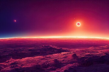 Aufkleber - Fiery meteorite flies on an alien planet with a red desert and rocks 3d illustration