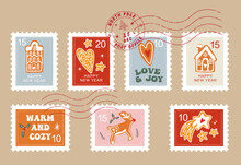 Hand Drawn Christmas Postage Stamp Collection.