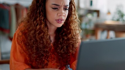 Aufkleber - Thinking, confused and laptop with a black woman in business working on a report in her office of design at work. Computer, question and doubt with a female freelance employee working from home