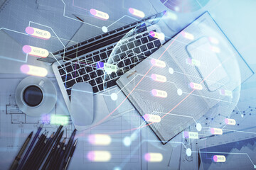 Poster - Double exposure of map hologram drawing over study table background with computer. Concept of international network. Top view.