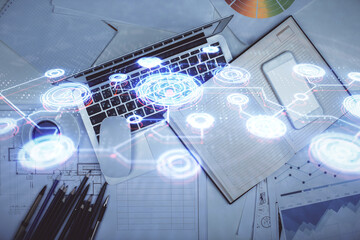 Poster - Social network hologram drawings over computer on the desktop background. Top view. Multi exposure. Concept of people connection.