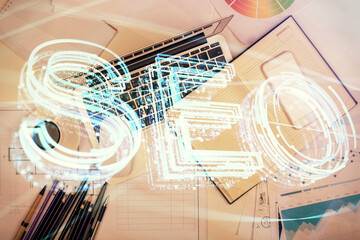 Poster - Double exposure of SEO drawing over study table background with computer. Concept of search. Top view.