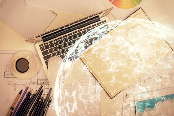 Poster - Social network hologram drawings over computer on the desktop background. Top view. Multi exposure. Concept of people connection.