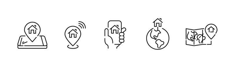 Wall Mural - set of home location icons. pointer on smart phone, earth globe and on map. pixel perfect, editable 