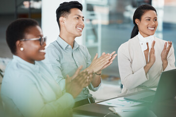 Poster - Business people, clapping or success in office presentation, workshop training or company education. Smile, happy or cheering businessman or creative women and laptop in teamwork education conference