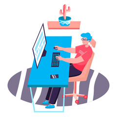 Sticker - Programming and software development concept. Man comes up with and writes program code at computer, programmer at office character scene. Illustration in flat design with people activities