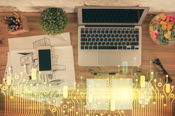Aufkleber - Double exposure of data theme drawing hologram over topview work table background with computer. Concept of technology.