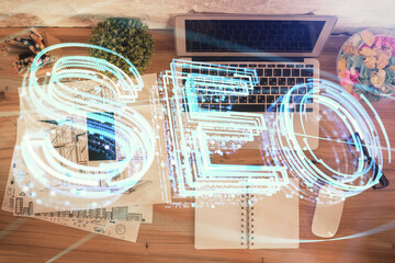 Poster - Double exposure of SEO drawing over study table background with computer. Concept of search. Top view.