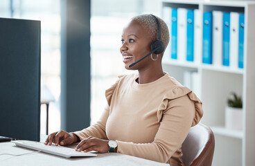 Customer service in Chicago, CRM or call center black woman employee customer support, contact us or telemarketing with customer. Worker, consultant or sales advisor with help, support or networking