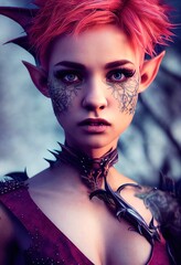 Wall Mural - A fictional person, not based on a real person. Female elf warrior with pink hair. Long pink hair, sharp elven ears, beautiful eyes. 3D render.