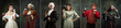 Leinwandbild Motiv Wine tasting. Set of images of actors and actress in image of medieval royalty persons from famous artworks in vintage clothes on dark background.