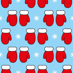 Wall Mural - Red mittens and white snowflakes on blue background. Seamless vector pattern. Christmas background for festive designs, textile prints, wrappings, decorations, banners, cards, and invitations.