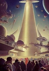 Wall Mural - a fantastic spaceport of the future crowded with people. a futuristic concept of space tourism and t