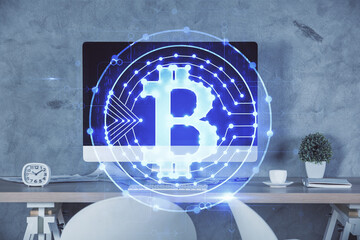 Poster - Double exposure of crypto technology theme drawing and office interior background. Concept of blockchain.
