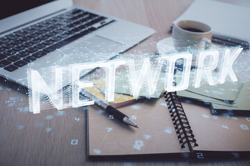Poster - Multi exposure of technology theme drawing and desktop with coffee and items on table background. Concept of data research.
