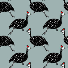 Vector Seamless Pattern With Hand Drawn Running Helmeted Guinea Fowls Made In Cartoon Style. Ink Drawing, Graphic Illustration, Heavy Contour. Beautiful Design Elements, Perfect For Prints