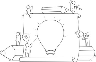 Wall Mural - Business idea concept with people and light bulb, pencils. Vector illustration of creative work, brainstorm in team and innovation solution with hand drawn doodle men, yellow lamp, paper and pencil