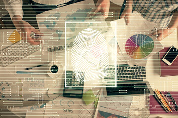 Poster - Double exposure of man and woman working together and fingerprint drawing. Computer background. Top View. Security concept.
