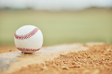 Canvas Print - Baseball closeup, field and sports training outdoors for fitness, sport health and competition game. Athletic exercise equipment, softball motivation and match or baseball field bokeh background