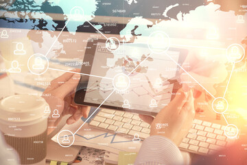 Poster - Double exposure of man's hands holding and using a phone and social network theme drawing.