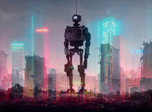 Background Of The Future Apocalypse With Fantasy Military Robot Standing In The Ruined City With Destroying Cityscape And Phantom  Silhouette Of Skyscrapers ,  Generative AI	